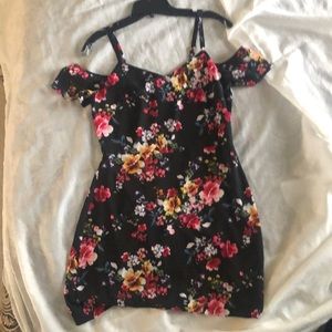 Mini dress, size small with spaghetti straps and off the shoulder cap sleeve.